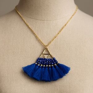 Gold Tone & Blue Tassel Beaded Long Necklace - Women's Fashion Jewelry - 30-in